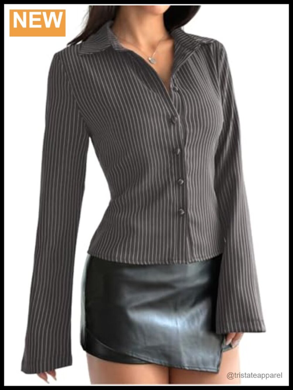 Y2K Striped Button Down Crop Top Bell Sleeve Slim Fit Blouse